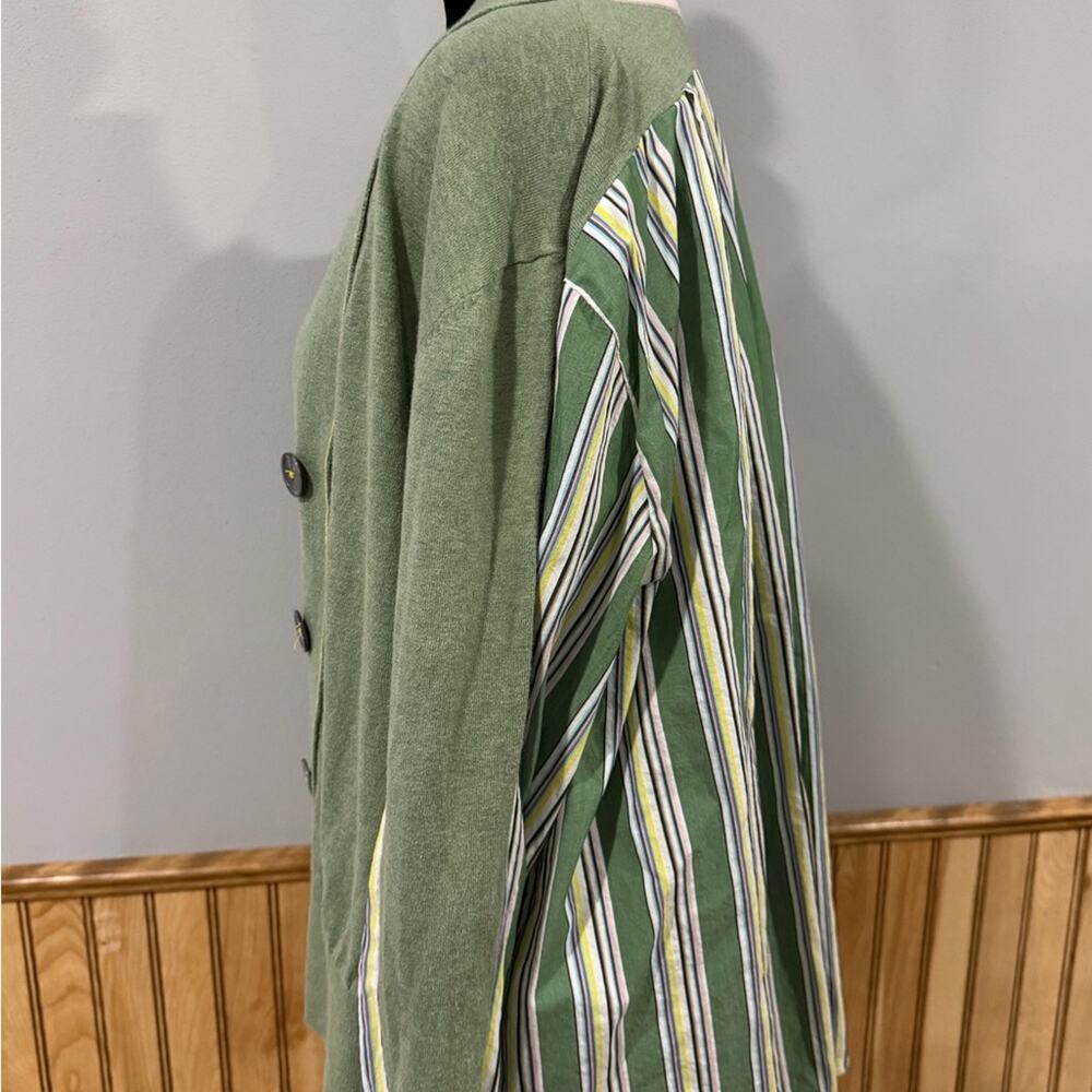 Zaket & Plover Stripe Trim Mixed Media Cardigan Green Large Cotton Silk Blend - Picture 2 of 8